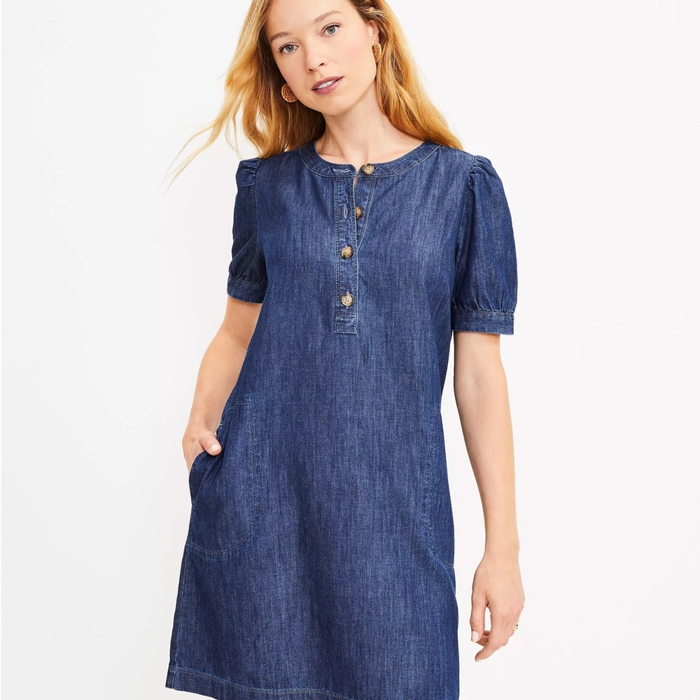 LOFT Petite Denim Puff Sleeve Mini Dress